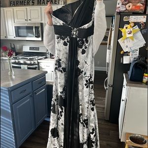 One strap formal evening gown with train black, grey, white, tiny bits of blue